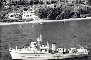 HMS Leverton at anchor off the residence of the redoubtable Rear Admiral Miers VC, Flag Officer Middle East, Cyprus. 1957 - Photograph Courtesy Edward Booker